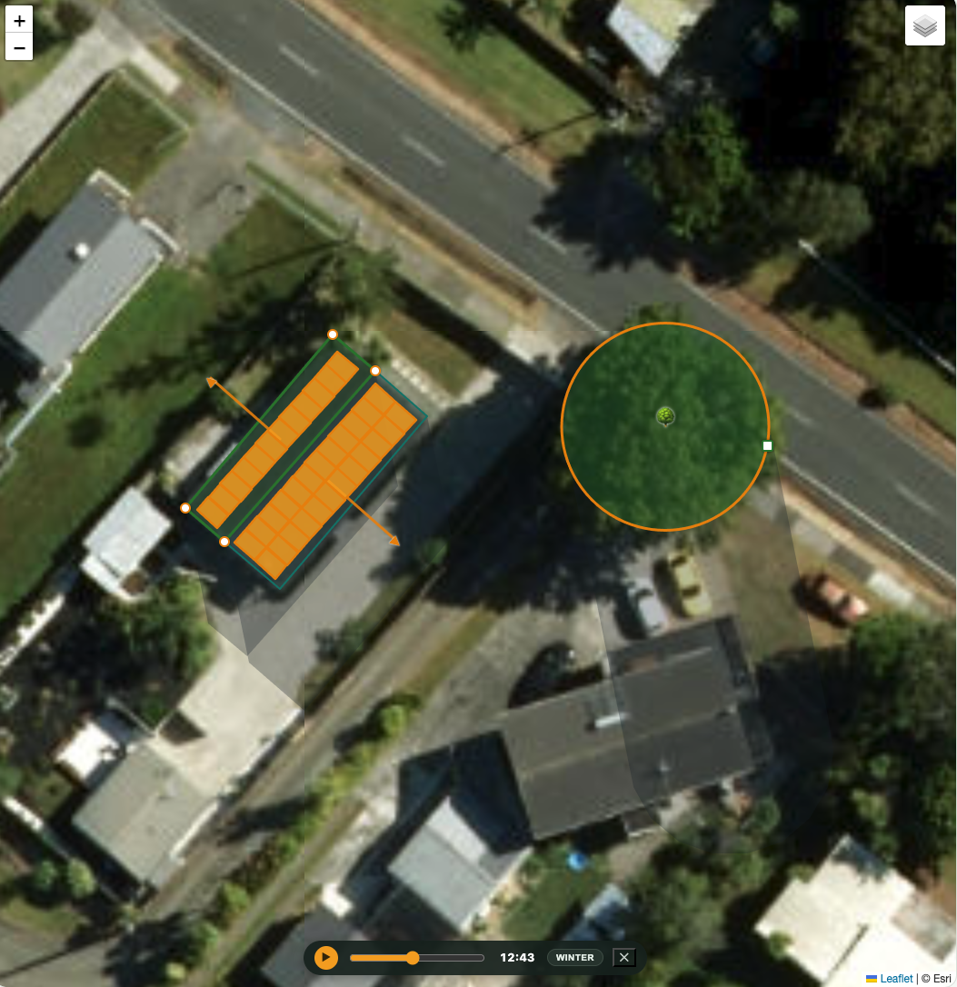 MySolarPlan showing a real roof with solar panels laid out and a tree's winter shadow across the property